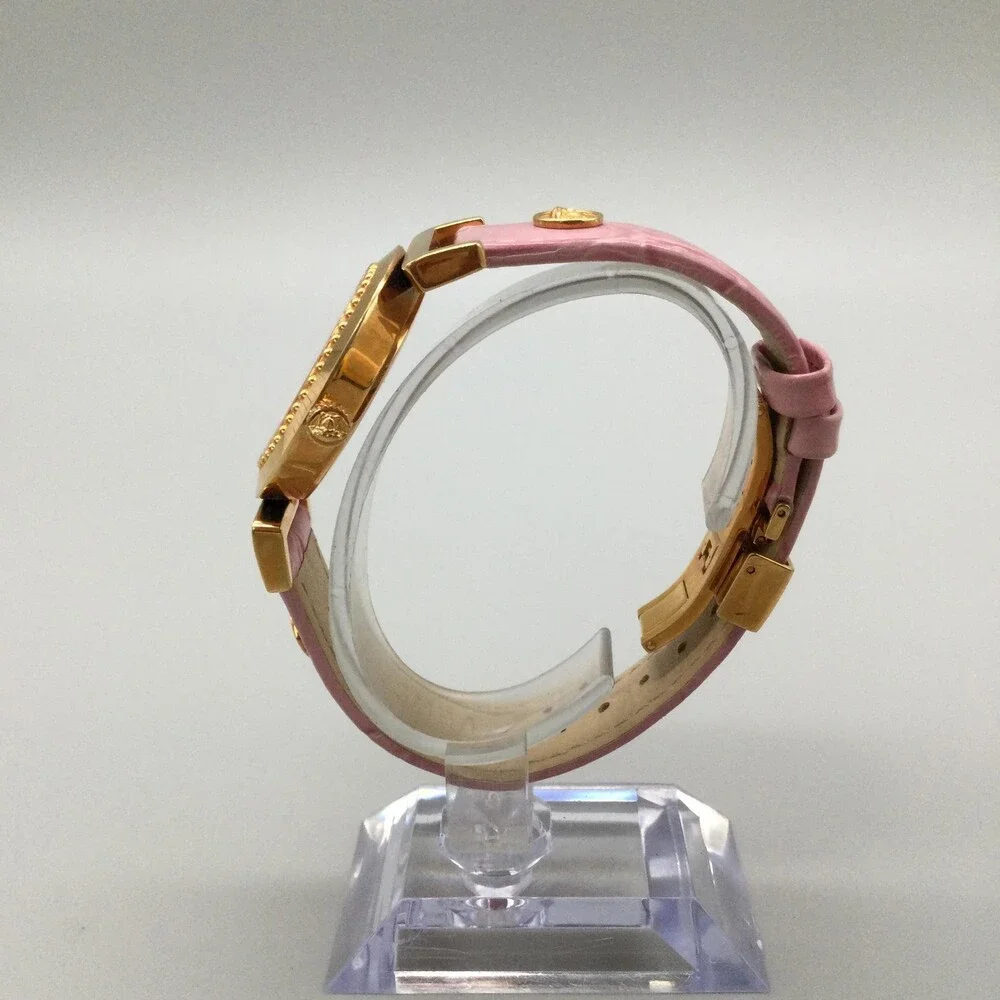 Versace Womens Watch 35mm Pink Dial Gold Tone Leather Swiss Medusa New Battery